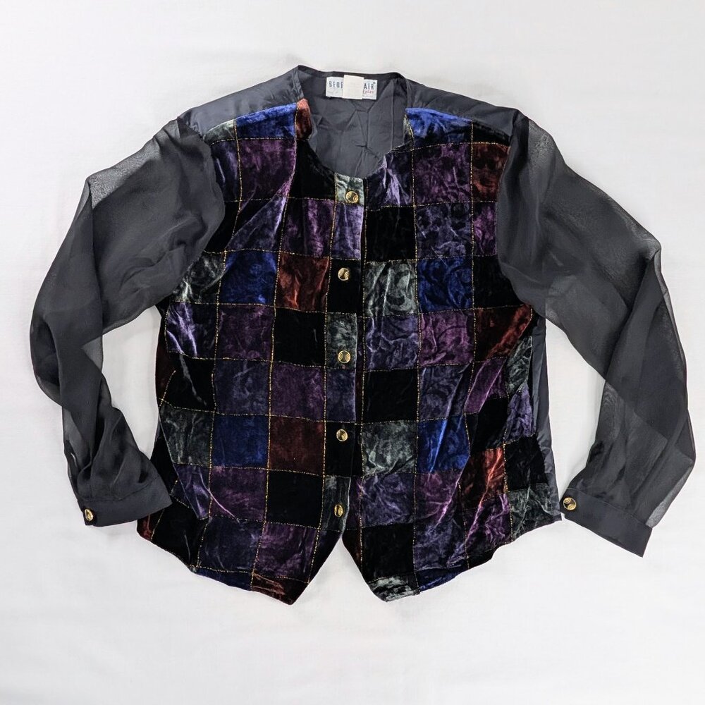 Vtg Patterned Checkered Velvet Button Up Black Sh… - image 1